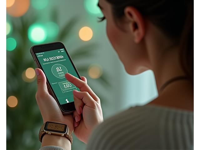 Una persona matura che interagisce con un dispositivo wearable o un'app di benessere su uno smartphone, con grafici di dati che si sovrappongono in modo futuristico.