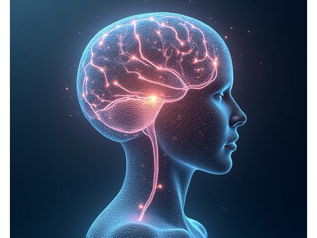 Un cervello umano stilizzato composto da elementi digitali e circuiti luminosi, simboleggiando il supporto intelligente e avanzato per la mente.