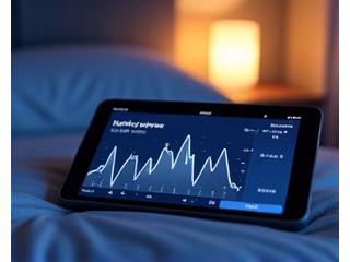 Interfaccia di un'app per il sonno che mostra fasi del sonno e suoni rilassanti, su un tablet in un ambiente notte.