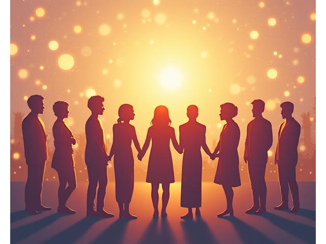 Un gruppo di persone connesse digitalmente, visibili come avatar o figure stilizzate, simboli di connessione e supporto. Atmosfera calda e inclusiva.