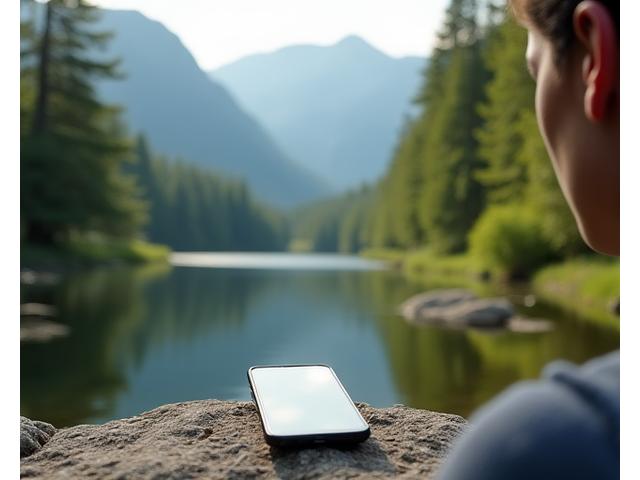 Persona che lascia via lo smartphone per godersi la natura, con alberi sfocati sullo sfondo. Atmosfera tranquilla e rilassante.