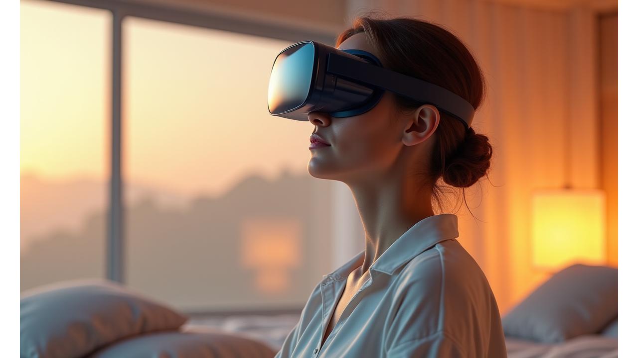 Donna adulta serena che medita con cuffie VR in un ambiente calmo e tecnologico, simboleggiando la tranquillità raggiunta con la tecnologia.