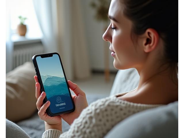 Persona serena che medita con uno smartphone in mano, visualizzando una app di mindfulness, ambientazione moderna e tranquilla.