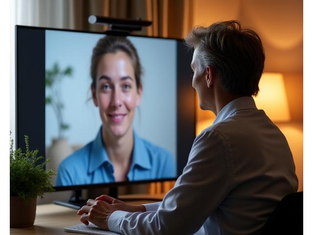 Una scena di teleconsulto, con un professionista della salute mentale che parla con un paziente attraverso uno schermo, circondato da simboli di cura e supporto.