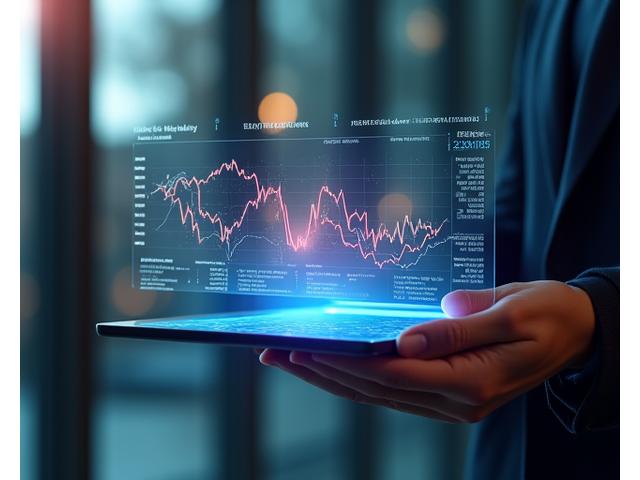 Persona che osserva dati su un display trasparente, visualizzando grafici di battito cardiaco e livelli di stress, in un ambiente futuristico.