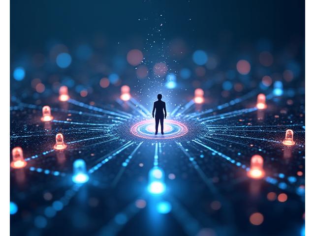 Illustrazione concettuale di una rete neurale o flusso di dati che evidenzia sicurezza e privacy