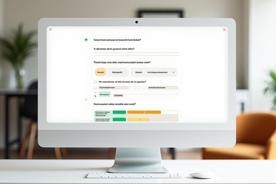 Screenshot di una schermata di valutazione personalizzata con indicatori di progresso e domande a scelta multipla, mostrando un'interfaccia pulita e intuitiva.