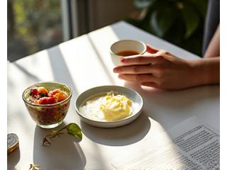 Una persona energica che inizia la giornata con una routine mattutina equilibrata, simboleggiando la costruzione di abitudini sane.
