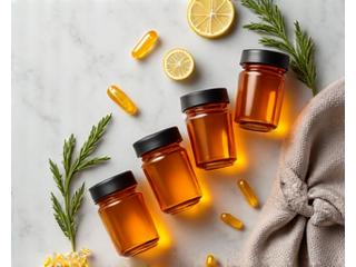 Vari integratori alimentari colorati e naturali in eleganti contenitori, suggerendo raccomandazioni su misura.