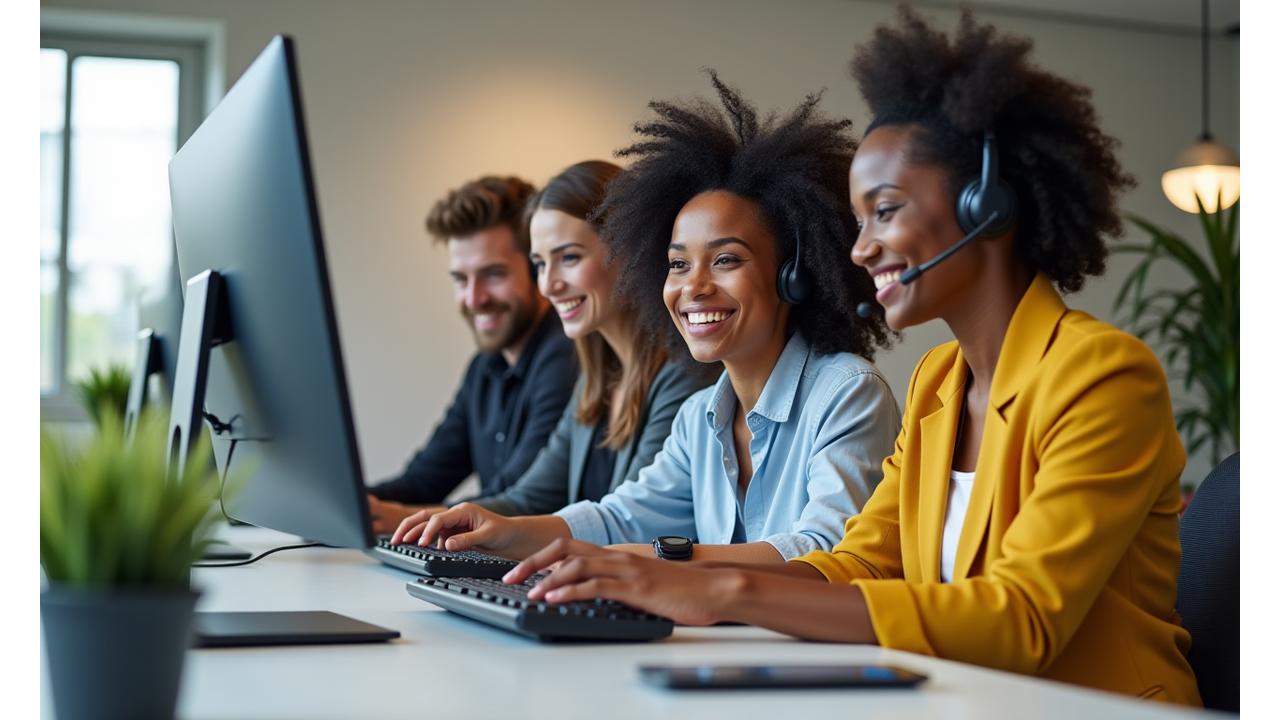 Un team di supporto clienti dedicato che lavora insieme per risolvere problemi, mostrando collaborazione e professionalità