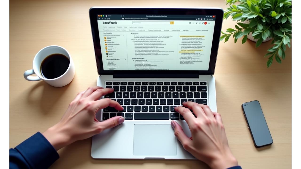 Vista dall'alto di un utente che naviga in una knowledge base su un laptop pulito e moderno