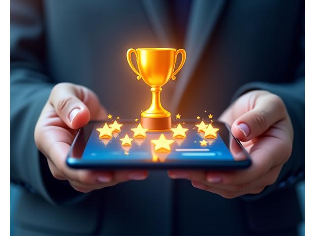 Mani che tengono un trofeo digitale con badge e punti sullo sfondo