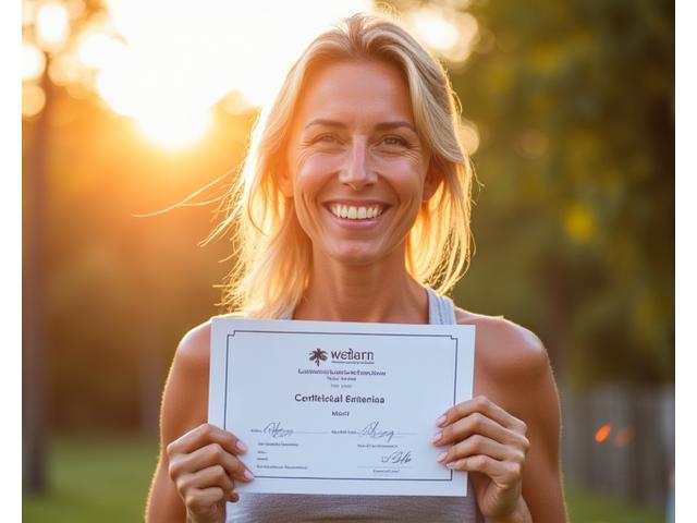 Donna sorridente di 40 anni che mostra una certificazione di fitness con sfondo soleggiato