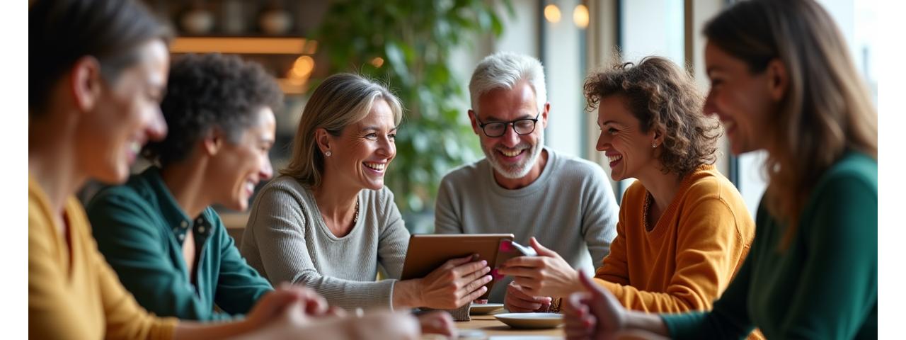 Un gruppo diversificato di adulti sorridenti che interagiscono positivamente, simboleggiando la comunità di Vita Solari.