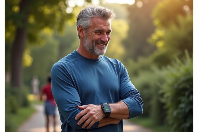 Uomo di mezza età sorridente che mostra il suo smartwatch dopo una corsa leggera nel parco di Villa Borghese