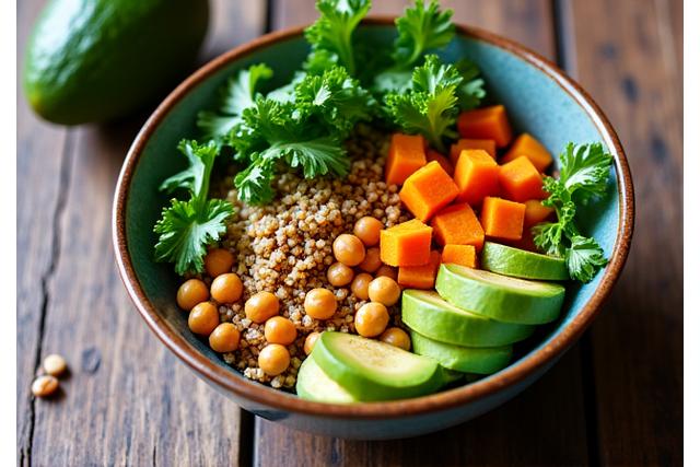 Una ciotola di buddha colorata e nutriente con verdure fresche e legumi.