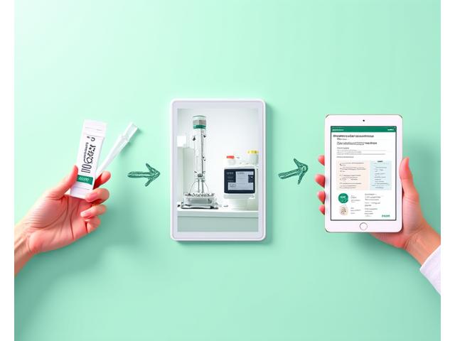 Illustrazione del processo di test genetico: prelievo del campione, analisi in laboratorio, report personalizzato