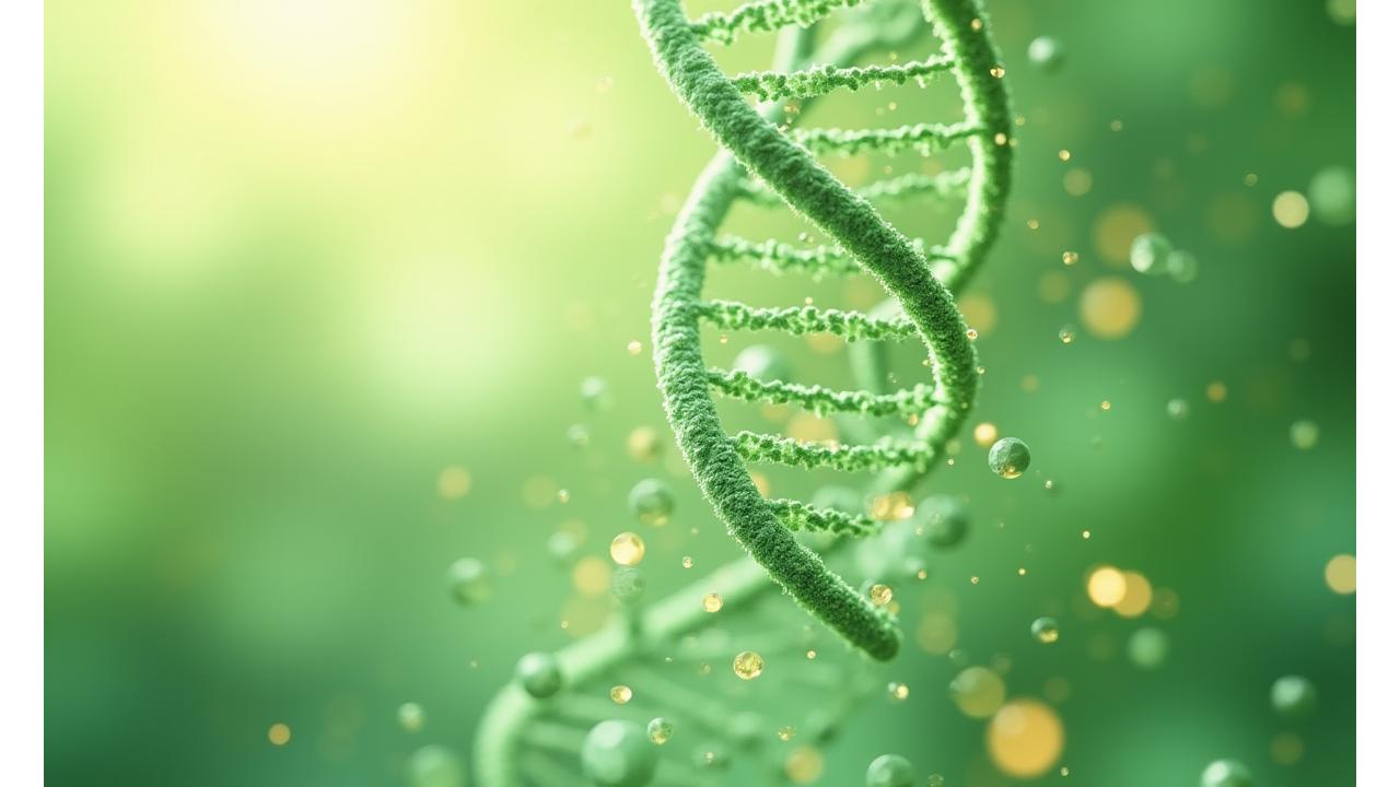 Visualizzazione di un filamento di DNA con elementi nutrizionali che si intrecciano, in un ambiente pulito e scientifico