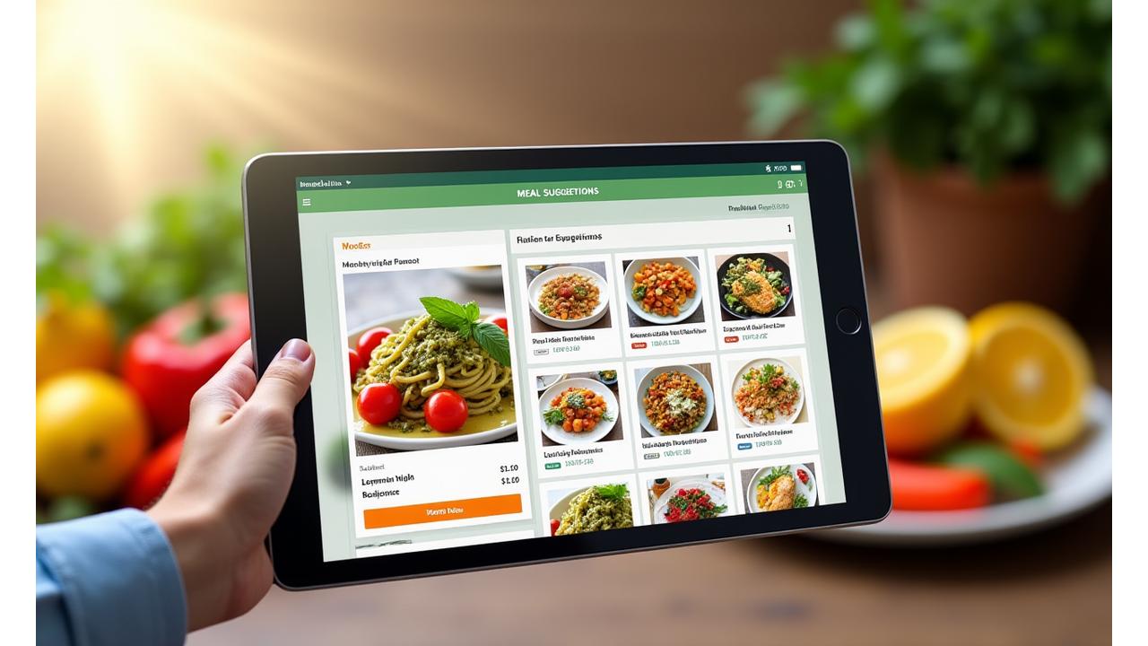 Interfaccia di un'app che mostra un piano pasti giornaliero personalizzato con ingredienti freschi italiani