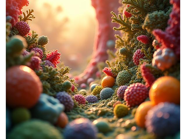 Visualizzazione stilizzata della diversità batterica nel microbioma intestinale umano