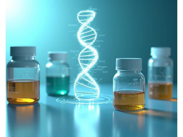 Illustrazione di un motore di raccomandazione di supplementi digitali basato su molecole di DNA e bottiglie di integratori