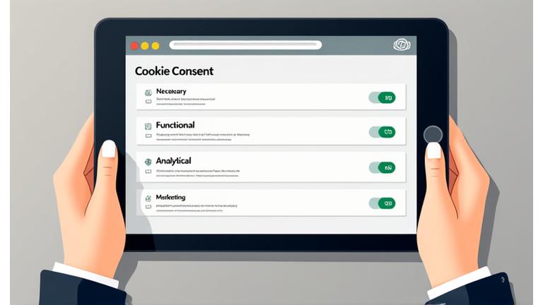 Interfaccia utente grafica per la gestione dei consensi sui cookie, con toggle per diverse categorie di cookie.