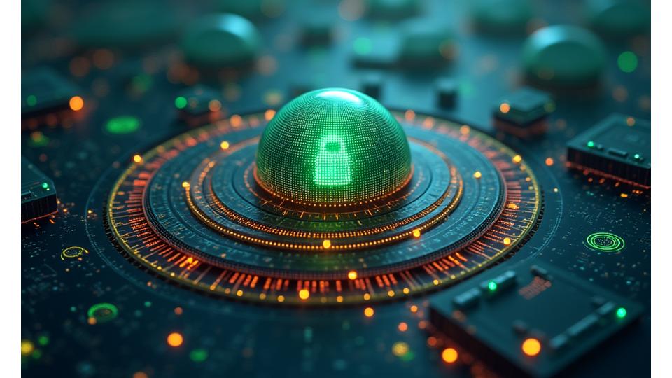 Illustrazione di diversi strati di sicurezza digitale che proteggono un centro dati, con lucchetti e scudi.